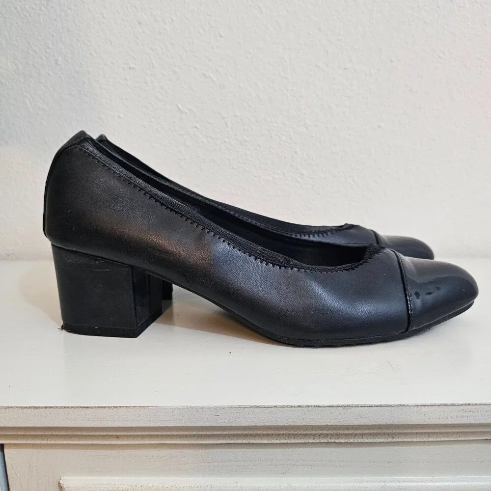 Soft Style Womens Sz 8.5 Black Faux Leather Pump Patent Toe Cap Comfort Shoes - Picture 2 of 10